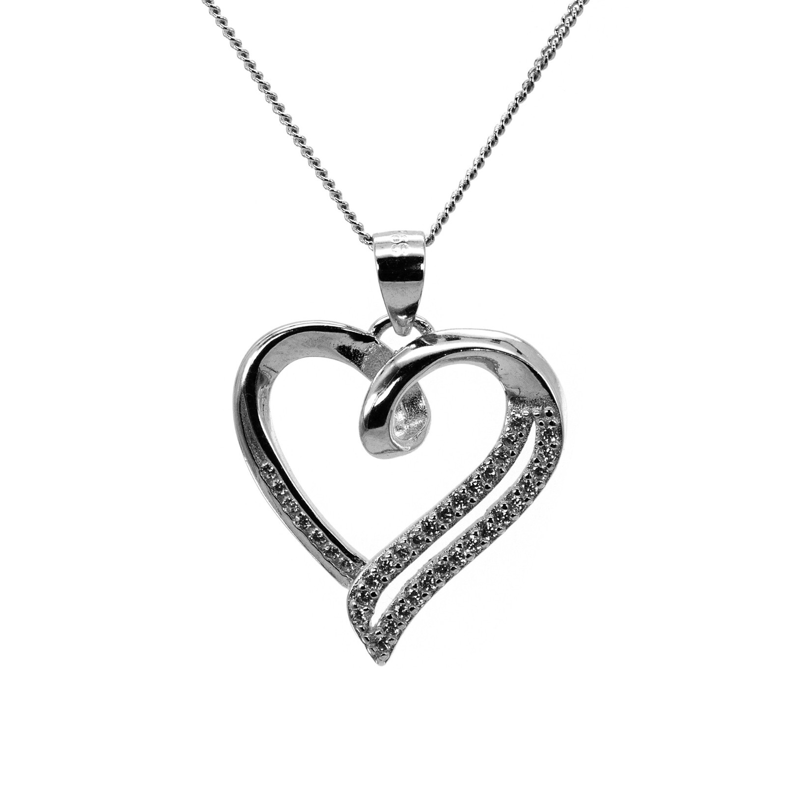 Curb Chain Cuba Necklace Pendant Heart Zircon 925 Sterling Silver Women