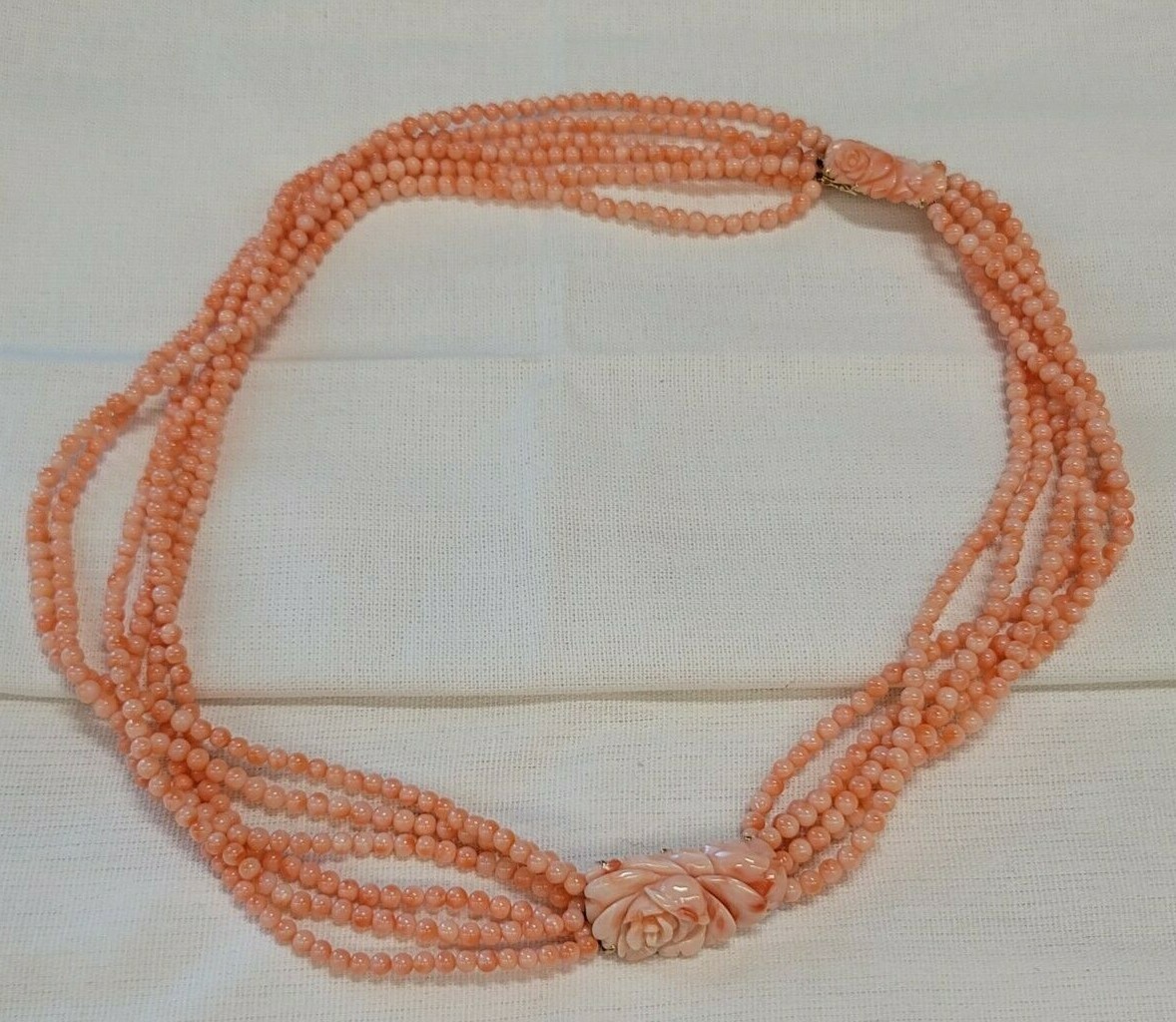 Pink Coral Round Floral Rose 6 Strand Beaded 14K Gold Necklace 114g Angel Skin