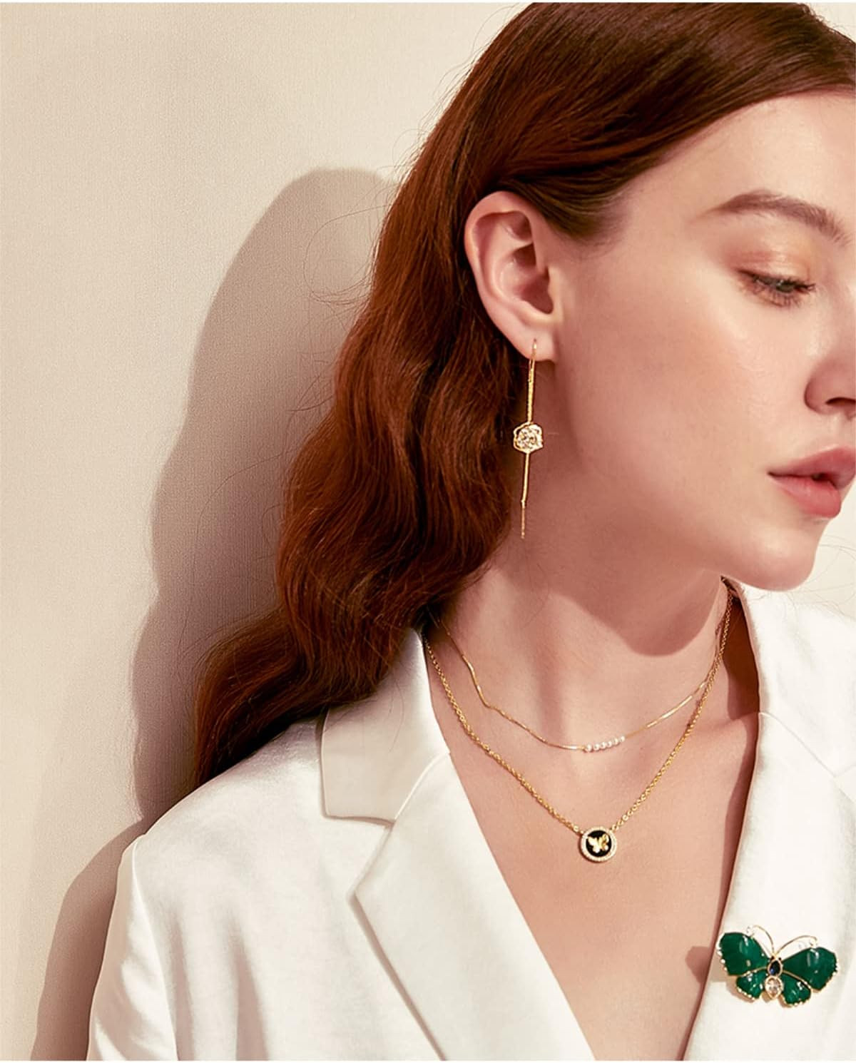 Aretes Largos de Cadena Flor Rosa Oro 14K para Mujer o Dama de Honor