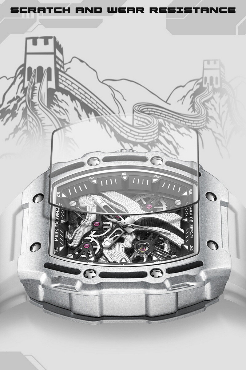 MARK FAIRWHALE Tonneau Skeleton The Great Wall Dial Mechanical Automatic Watch`