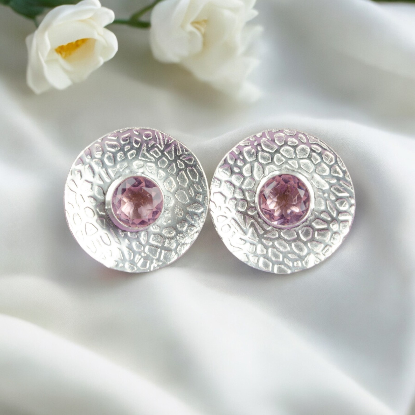 Morganite Gemstone Stud Earrings Sterling Silver Handmade Boho Jewelry 0.89″Gift
