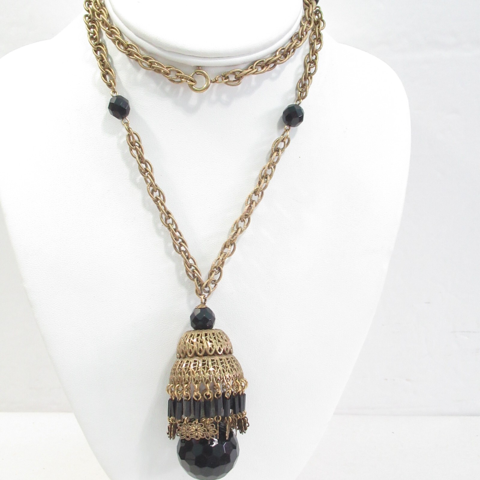 Long Vintage Necklace Bell Style Brass Pendant Black Glass Ball