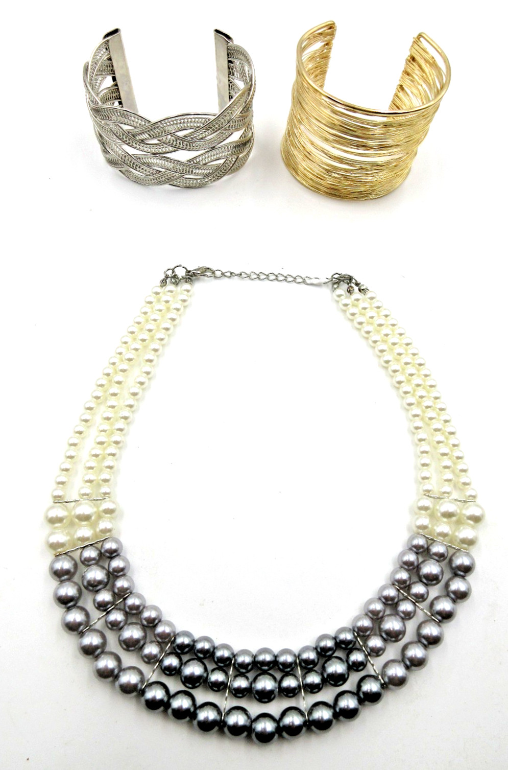 LOT silver gold tone statement cuff BRACELETS Off white gray faux pearl necklace
