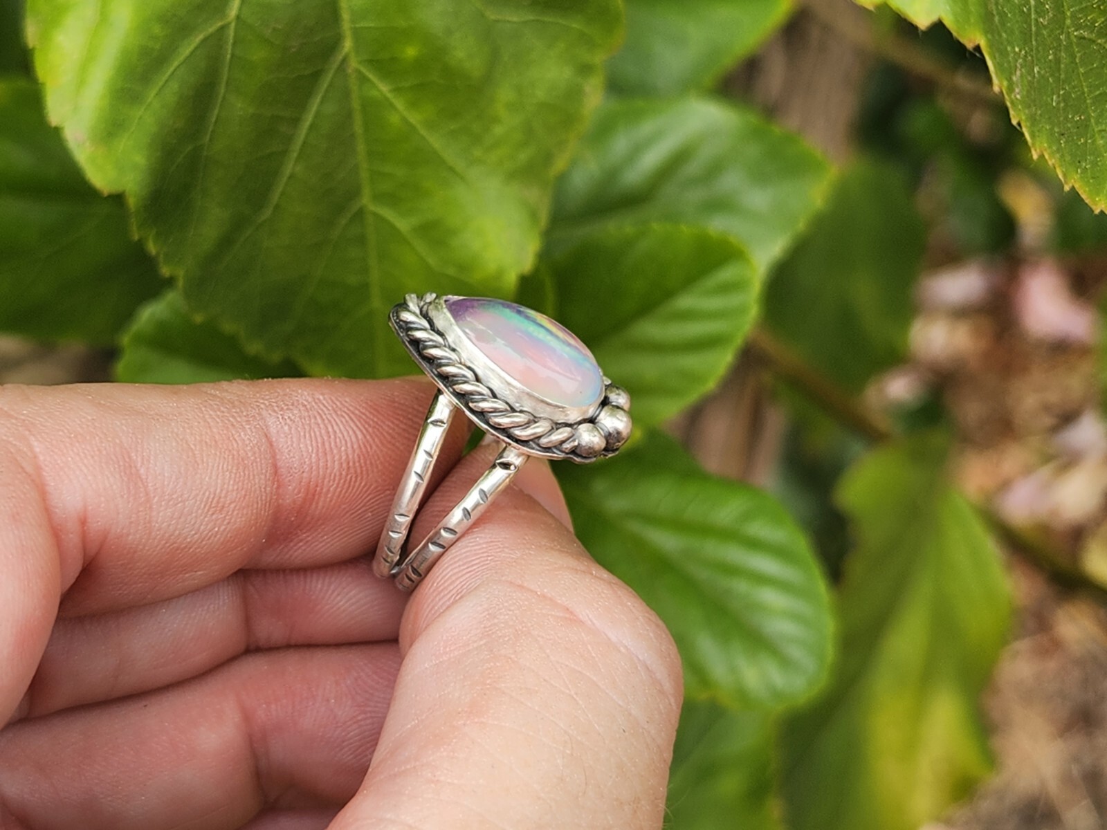 Aurora Opal Handmade Sterling Silver Ring, Statement Jewellery Jewelry Size 8.25