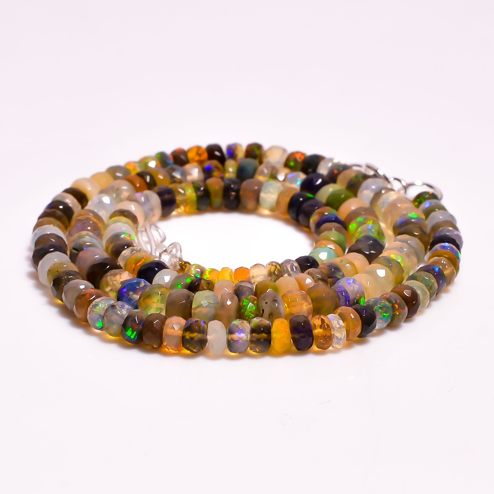 50.5 Ct. AAA Multi Ethiopian Opal Rondelle Faceted Beads Necklace 17-18″ A-3441