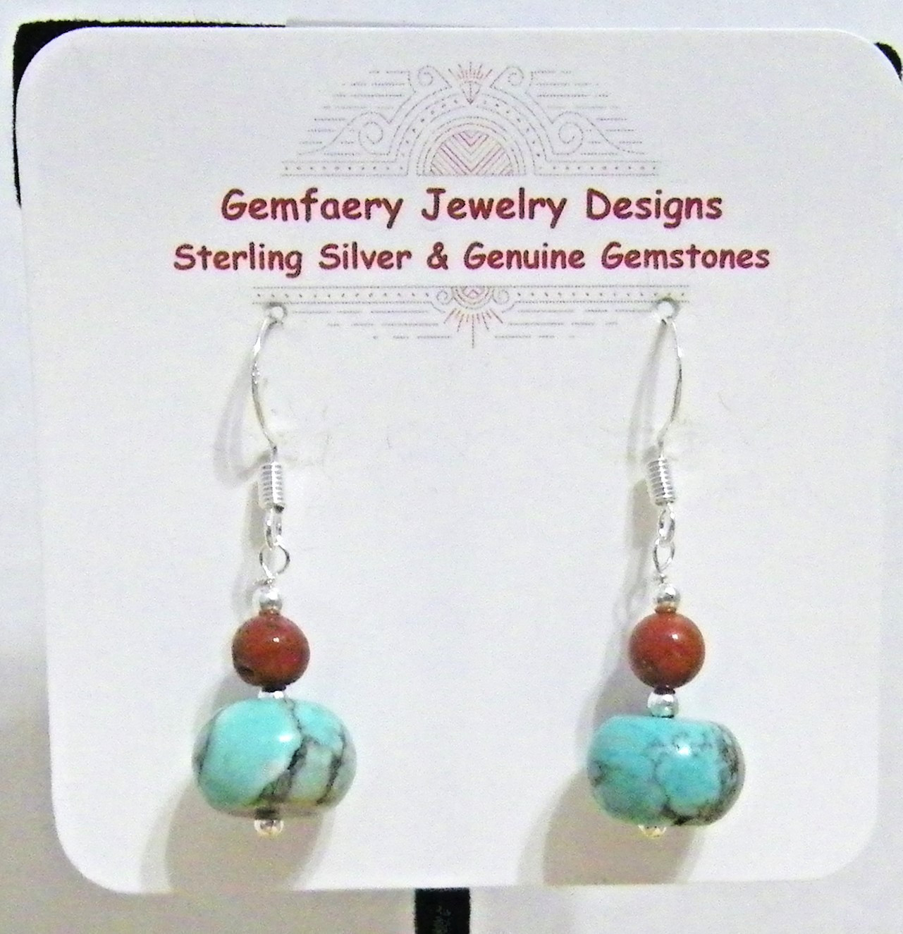 Sterling Silver TURQUOISE & RED JASPER Dangle Earrings #301…Handmade USA