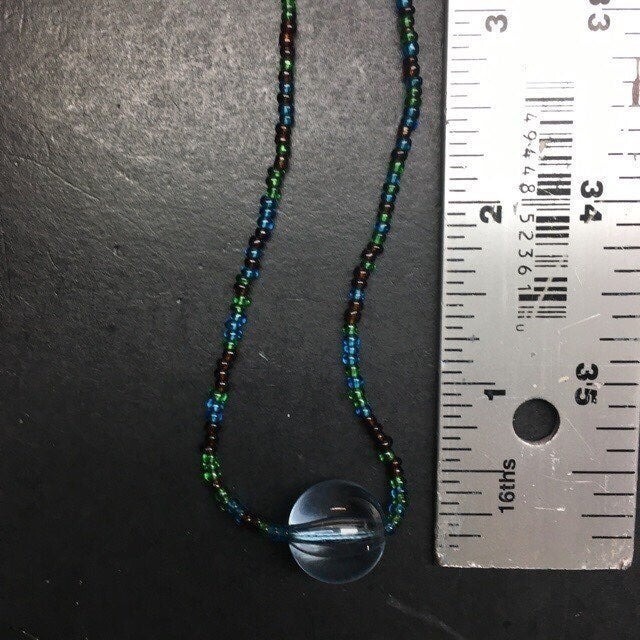 Long Seed Bead Necklace Blue Brown Green Clear Transluscent Retro Boho