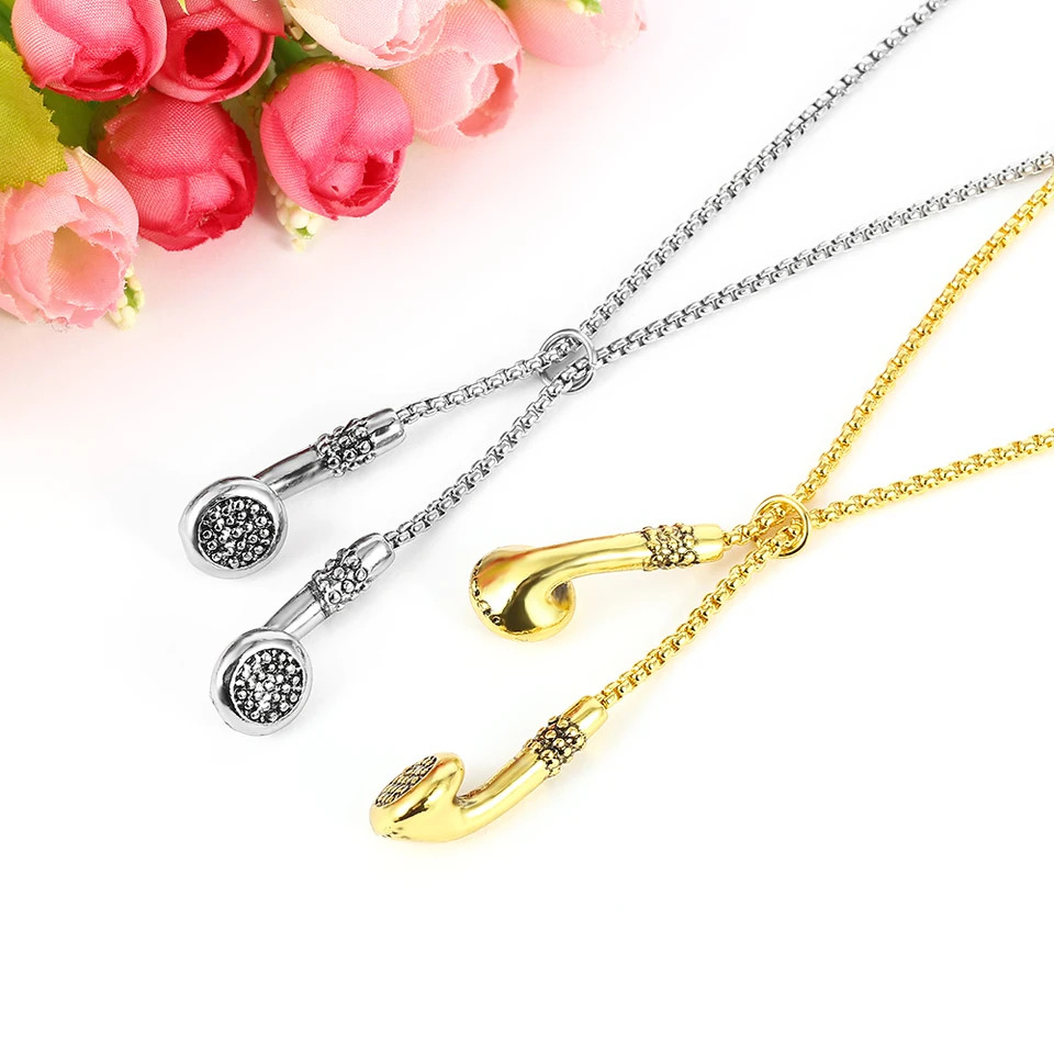 Headphones Pendant Necklace Kirsite Music Earbuds Metal Chain Punk Men Jewelry