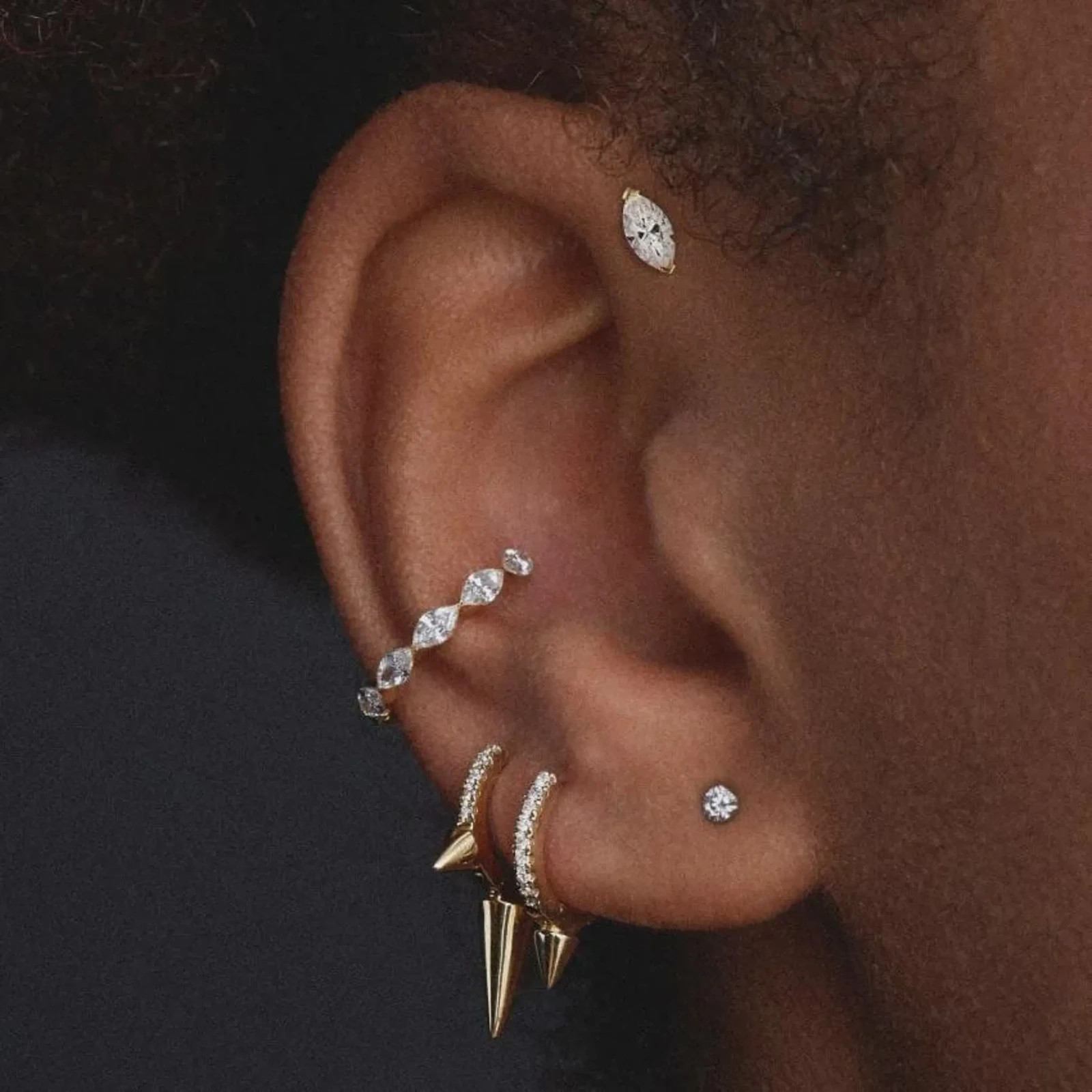 925 Sterling Silver Triple Spike Moissanite Pave Huggie Hoop Earrings