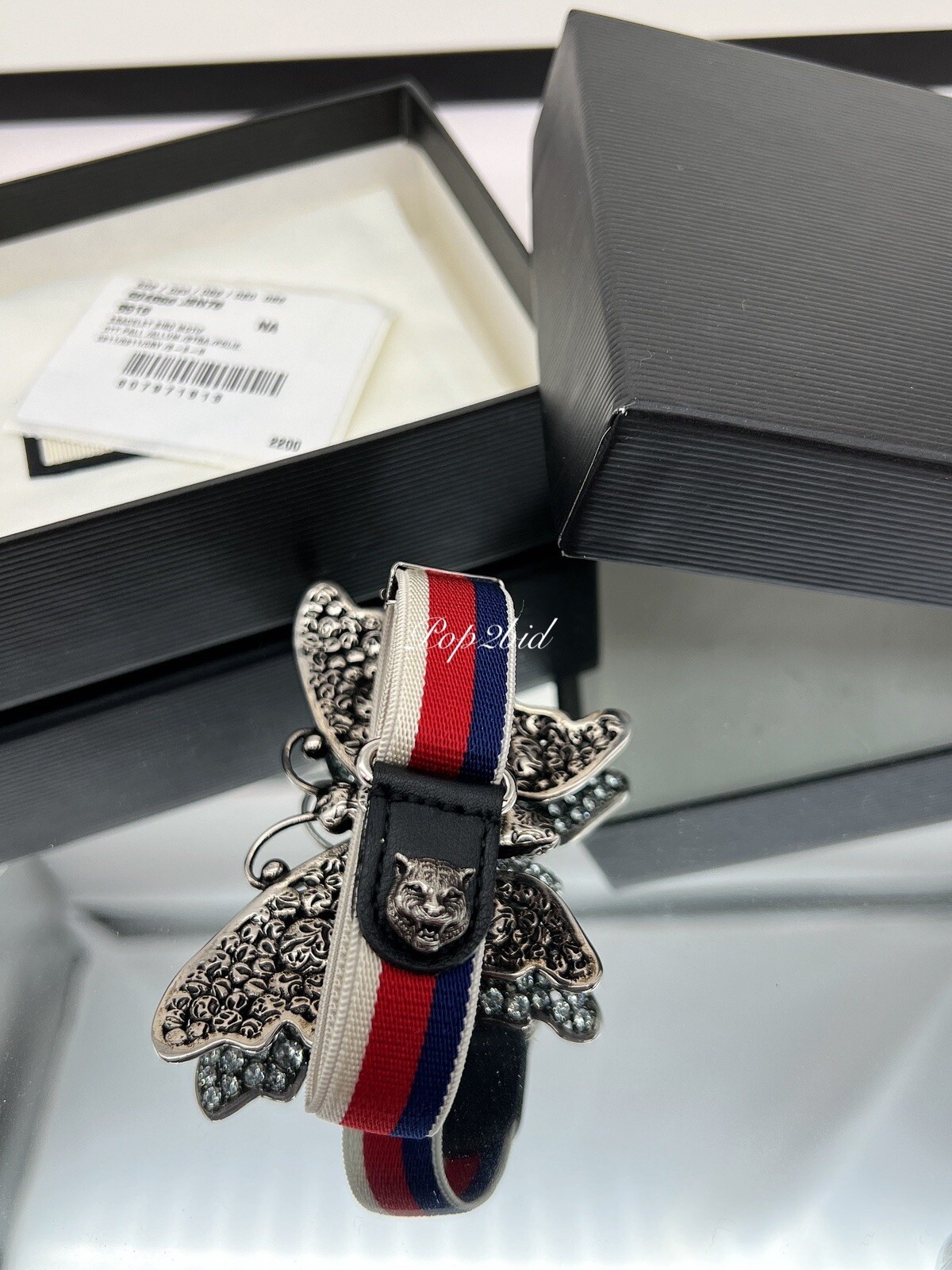NWT 100% Authentic GUCCI Crystal Butterfly Web Strap Adjustable Bracelet