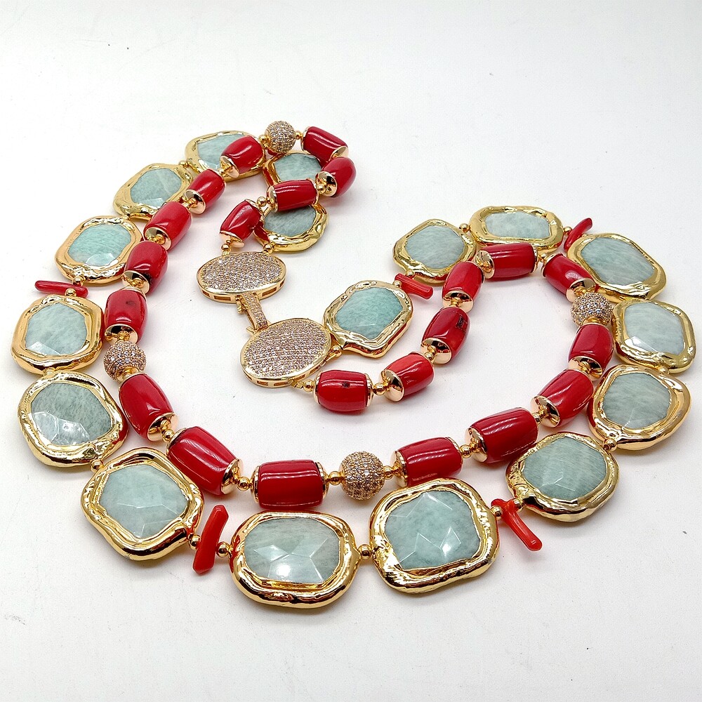 2 Strands Red Coral Green Amazonite Necklace Cubic Zirconia Pave Clasp 21″