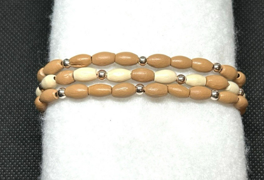 Tan & Ivory with Rose Gold accents Bamboo Wooden Beaded Bracelet Set Size Large
