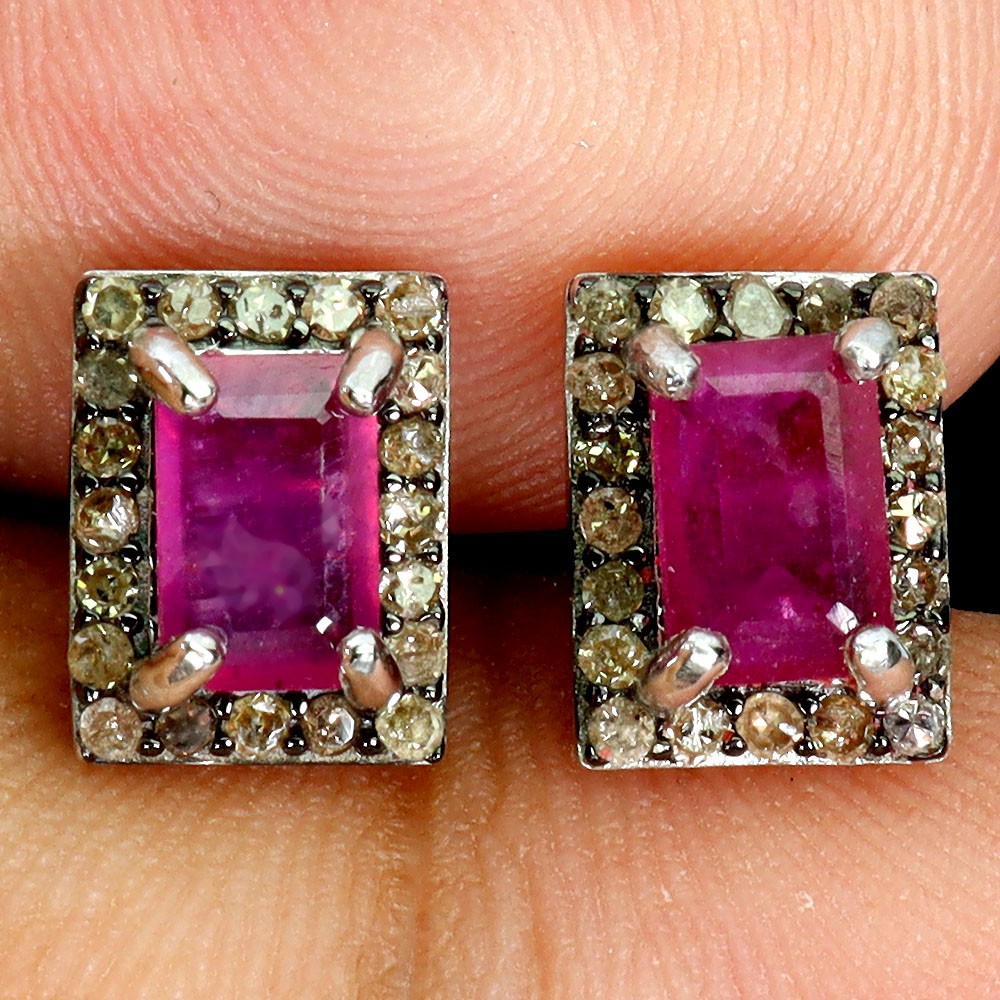 925 Sterling Silver Earrings Octagon Ruby 6x4mm Diamond 40pcs Gemstone Jewelry
