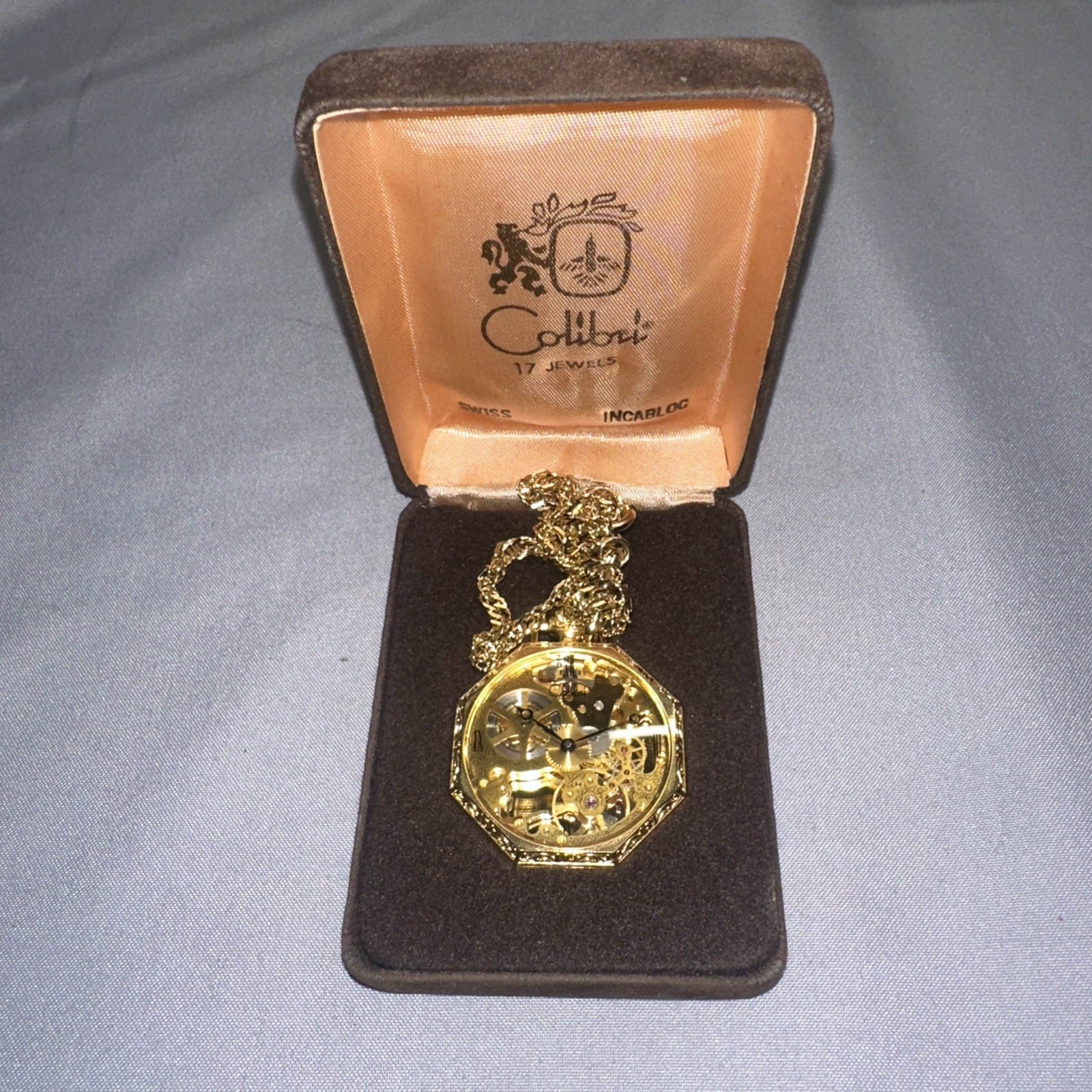 Vintage Colibri 17 Jewels Incabloc Swiss Skeletonized Pocket Watch Chain + Case