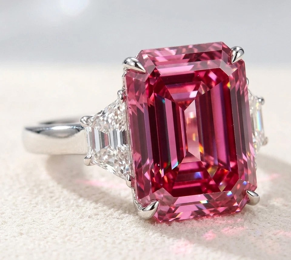 RARE 12.30 Ct Pink Emerald Cut Solitaire Treated Diamond Ring in 925 Silver