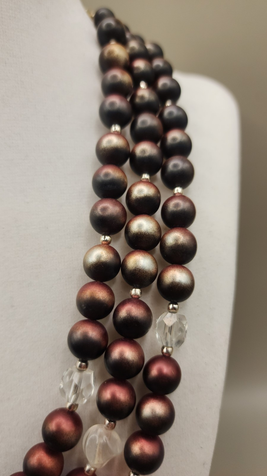 Vtg 1950s Japan 3 Strand Beaded Choker Necklace Brown Copper Faux Pearl Cluster