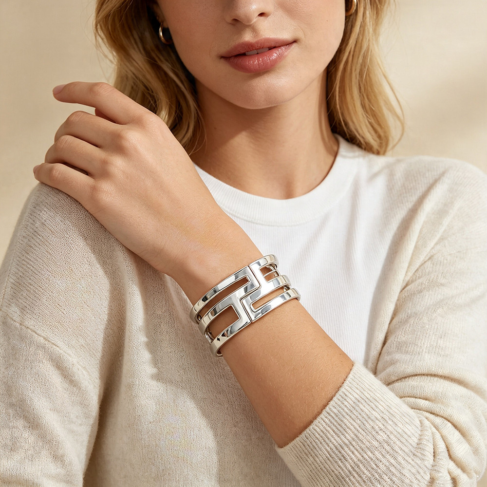 Silver Plated Alloy Geometric Hollow Cuff Bracelet Minimalist Bangle For Women