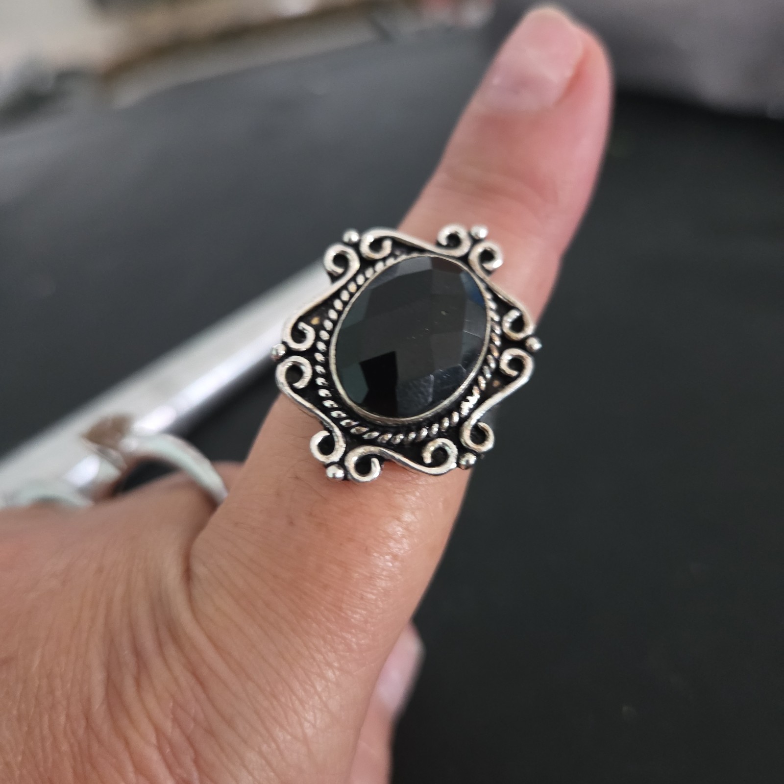 Black Cut Stone 925 stamp Silver Size 8 Ethnic style