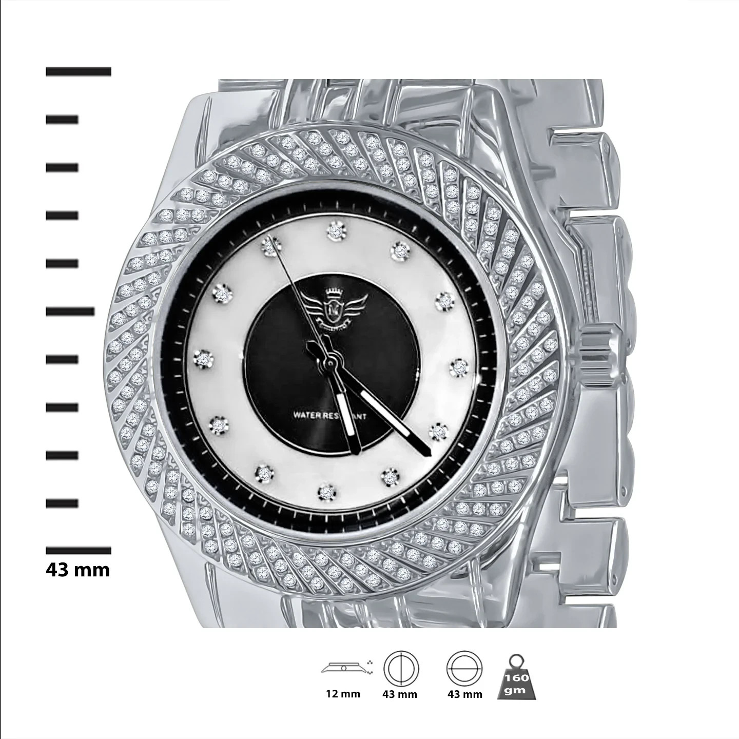 Iced Out Silver Mens Watch Japan Quartz Crystal Bezel Dress Luxury 43mm