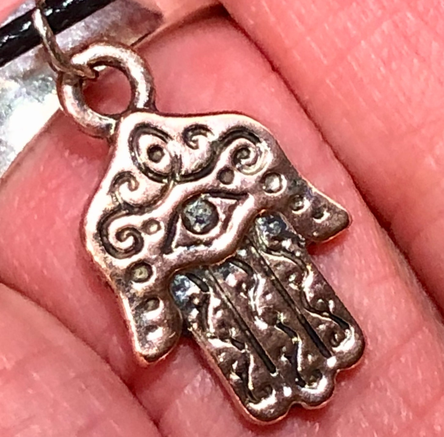 Hamsa Hand Evil Eye Pendant Choker Necklace Luck Happiness Rose Color Silver 18″
