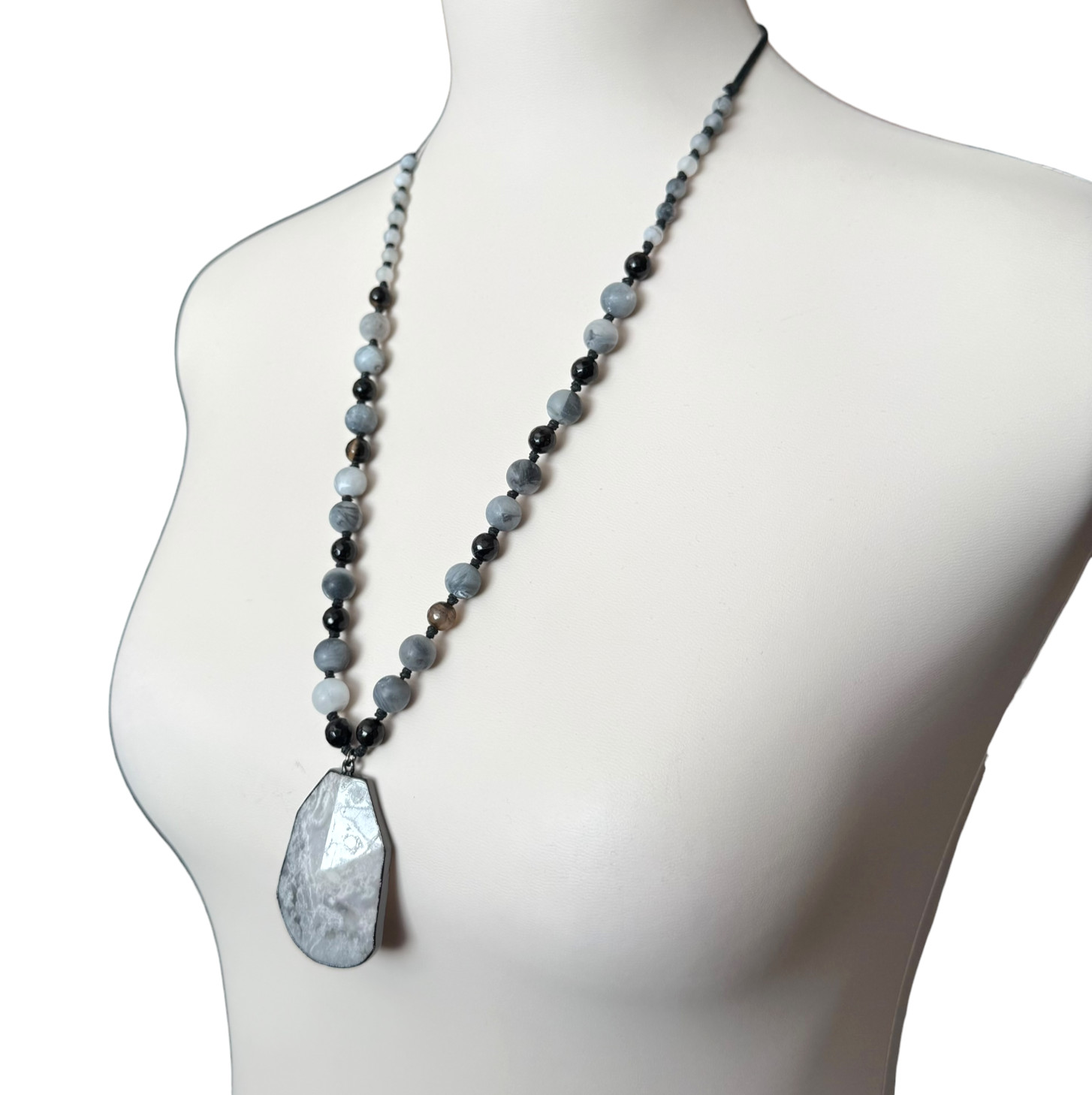 J Jill Beaded Necklace Agate Stone Pendant Gray White Black Cord Adjustable NWT