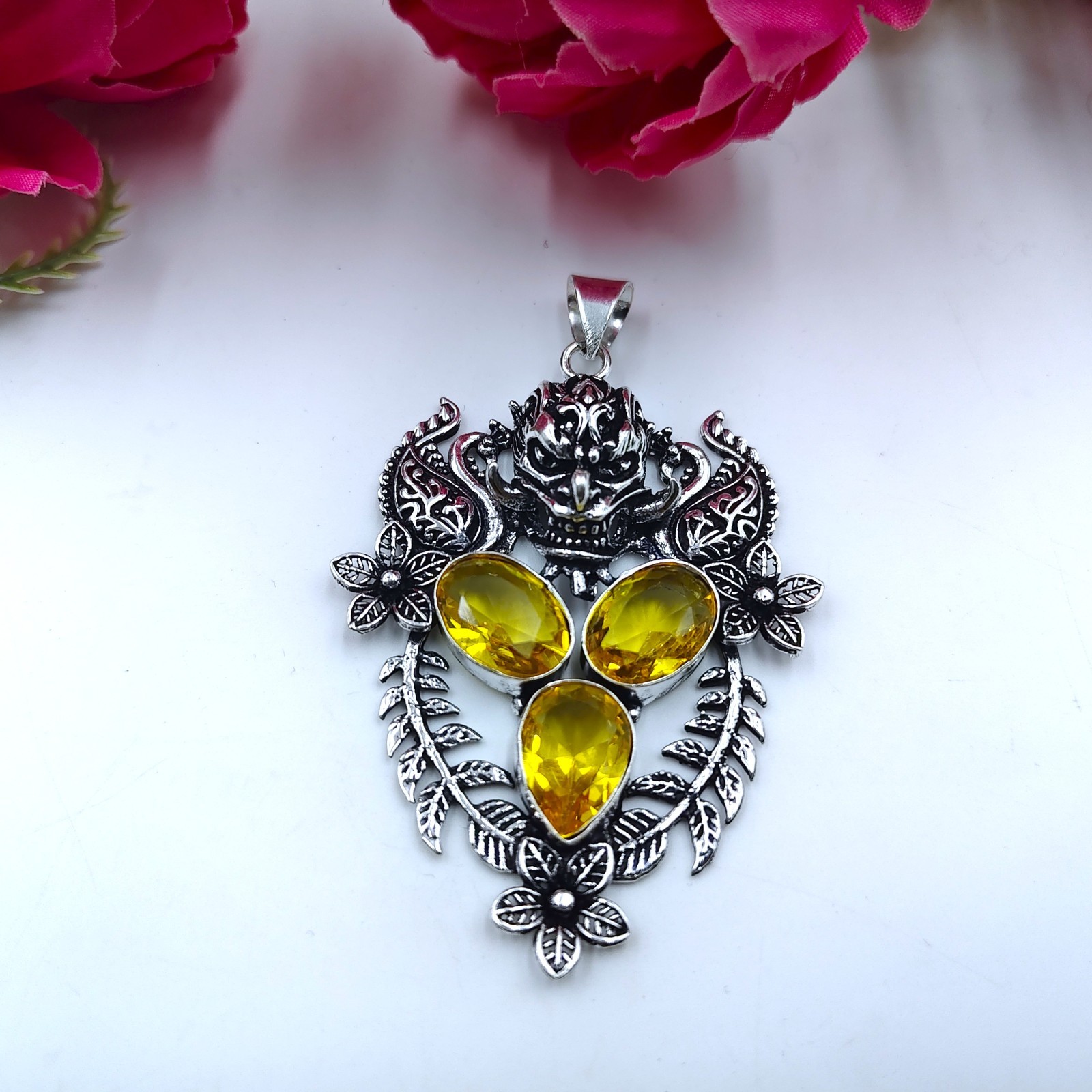 Yellow Citrine Gemstone Handmade 925 Sterling Silver Jewelry Pendant Size-2.25″