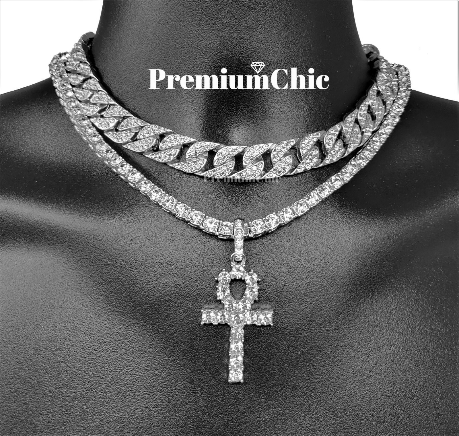 3pc, ANKH Pendant, Tennis Necklace, Miami Cuban Choker Plated CZ Jewelry SET