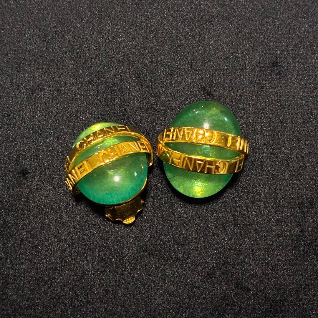 CHANEL Vintage Earrings Green Gold Coco Mark Logo 2.5cm Women Accessories Used