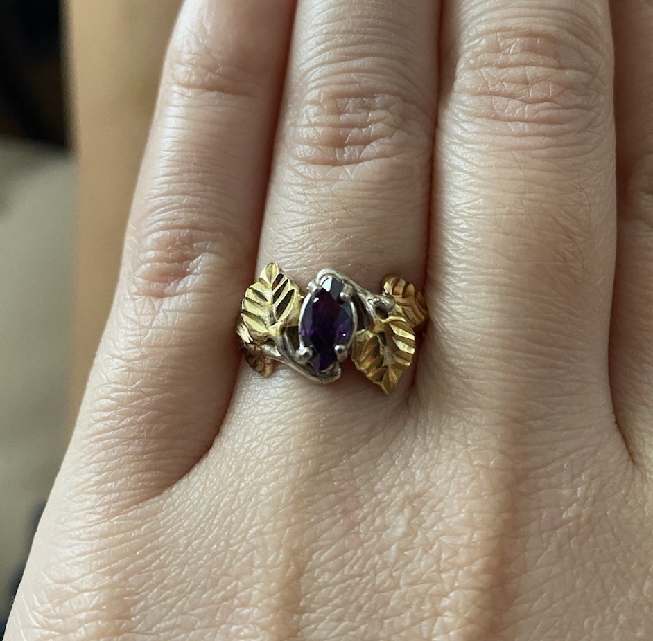 Black Hills Gold Stirling Silver and Gold, Amethyst stone, Leaf Design Ring