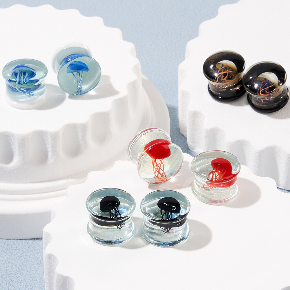 Pyrex Glass Jellyfish Single Flare Ear Gauges Colorful Tunnels Body Jewelry Pair