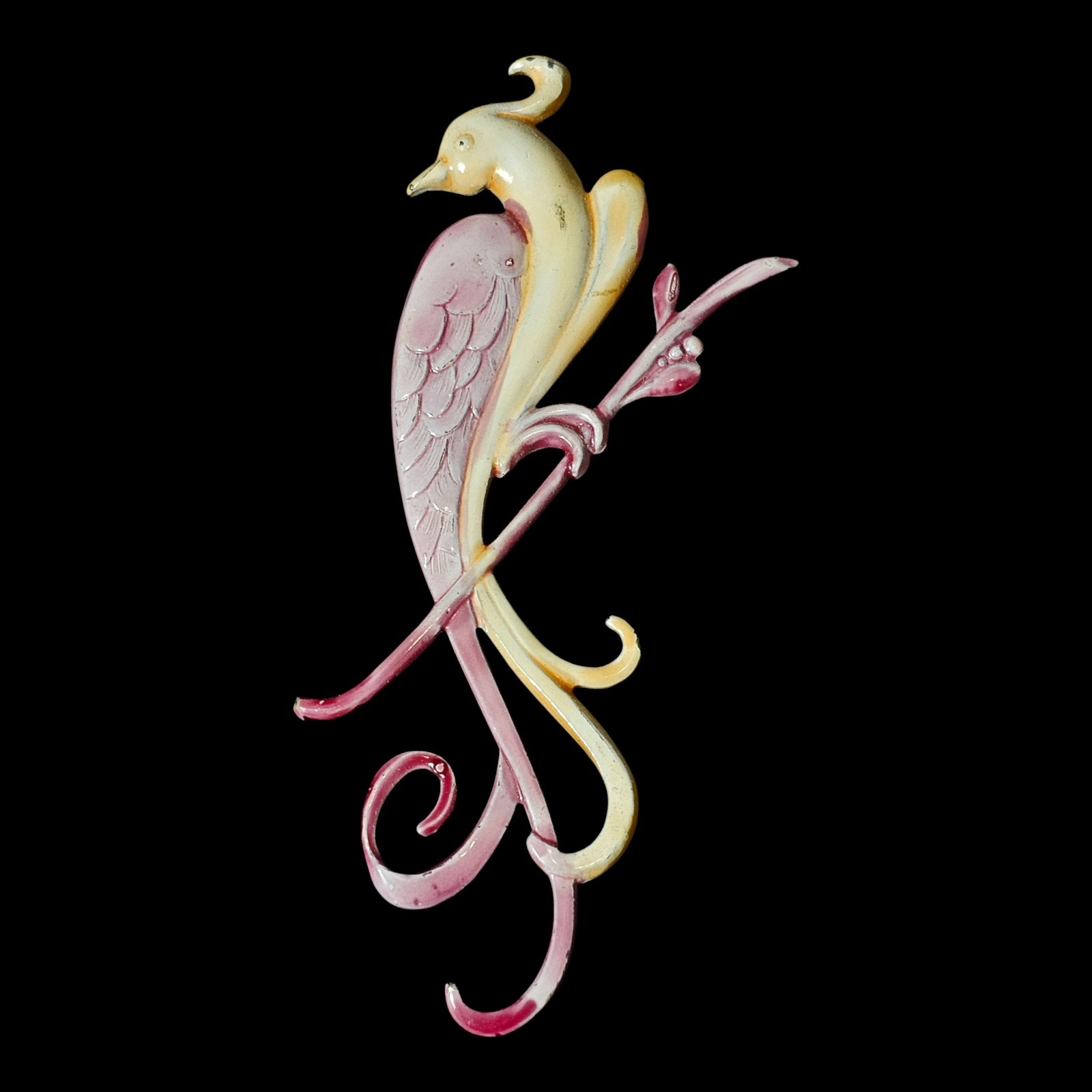 1940s Enamel Bird Brooch Large Vintage Bird Of Paradise Pot Metal Pink