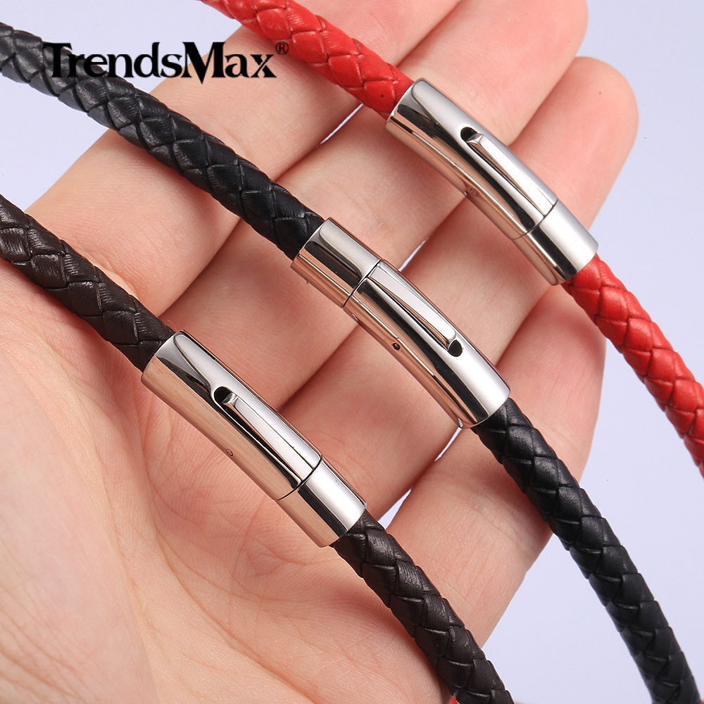 4/6MM Red/Brown/Black Braided Cord Rope Leather Necklace Choker Push Lock 16-30″