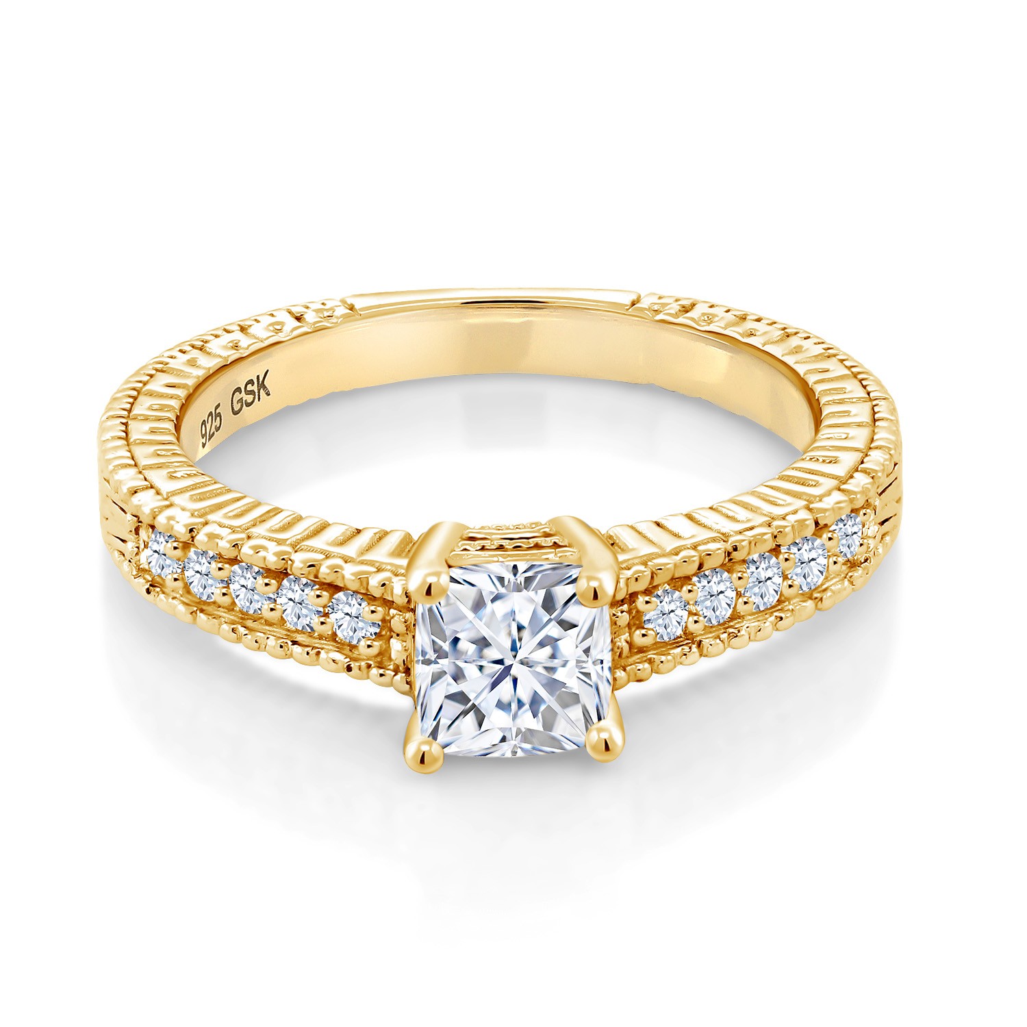 18K Yellow Gold Plated Silver White Moissanite and White Created Sapphire
