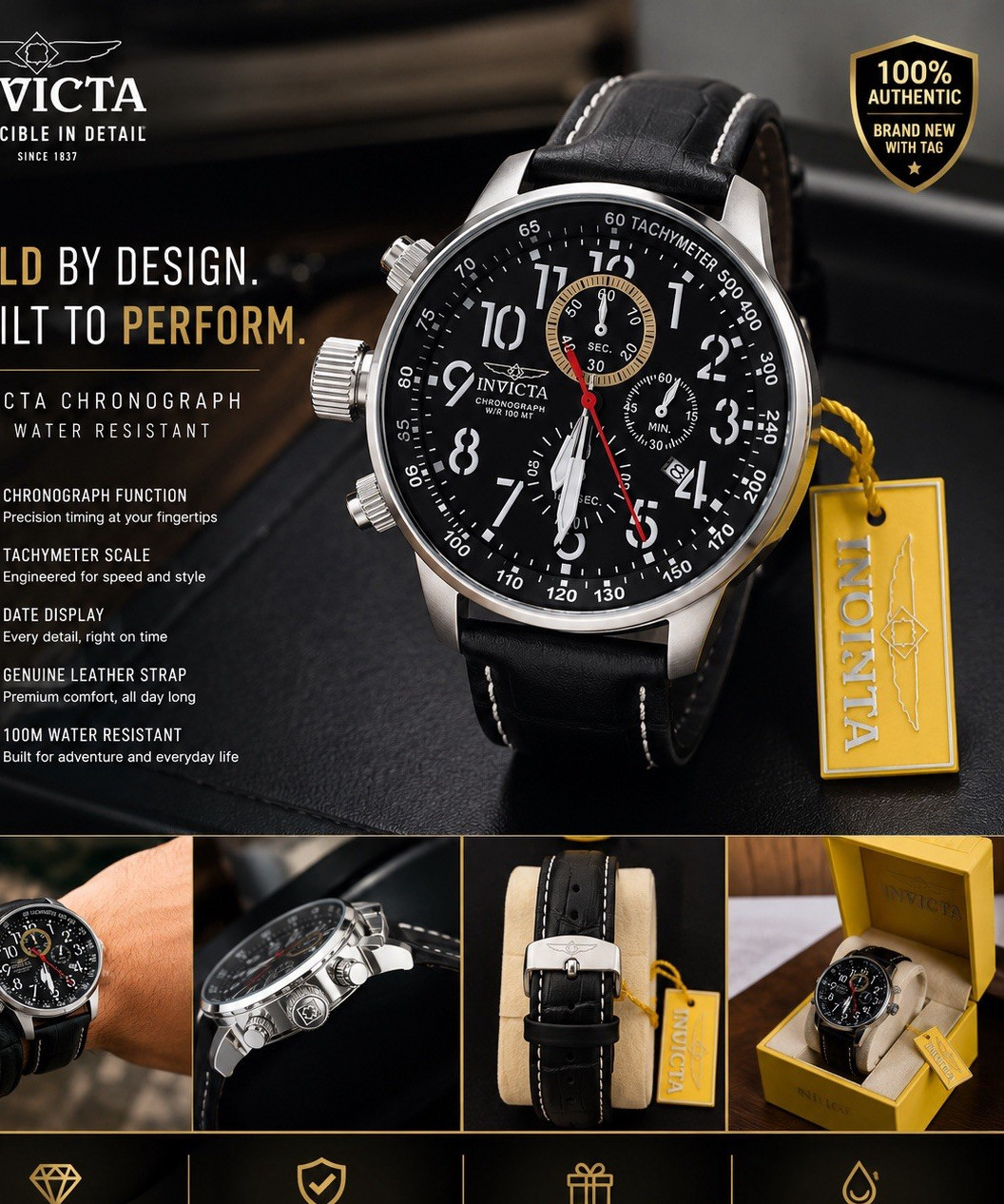 Invicta Men’s Chronograph Quartz Tachymeter Date Black Dial Leather Strap 45mm