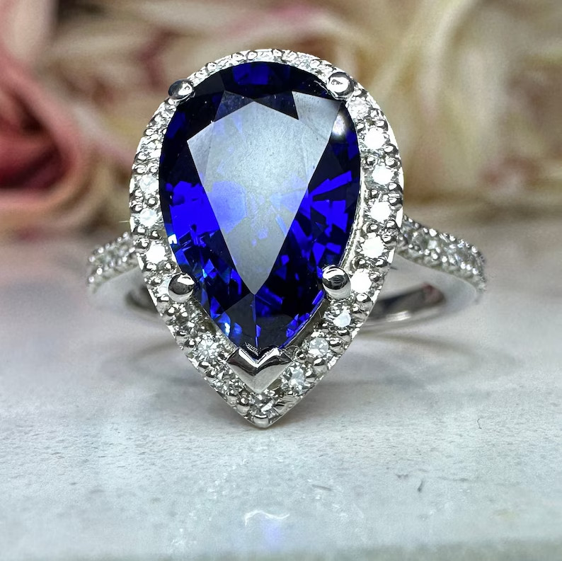 3.40 Ct Pear Natural Sapphire & Diamond Engagement Ring 14K White Gold Size 7