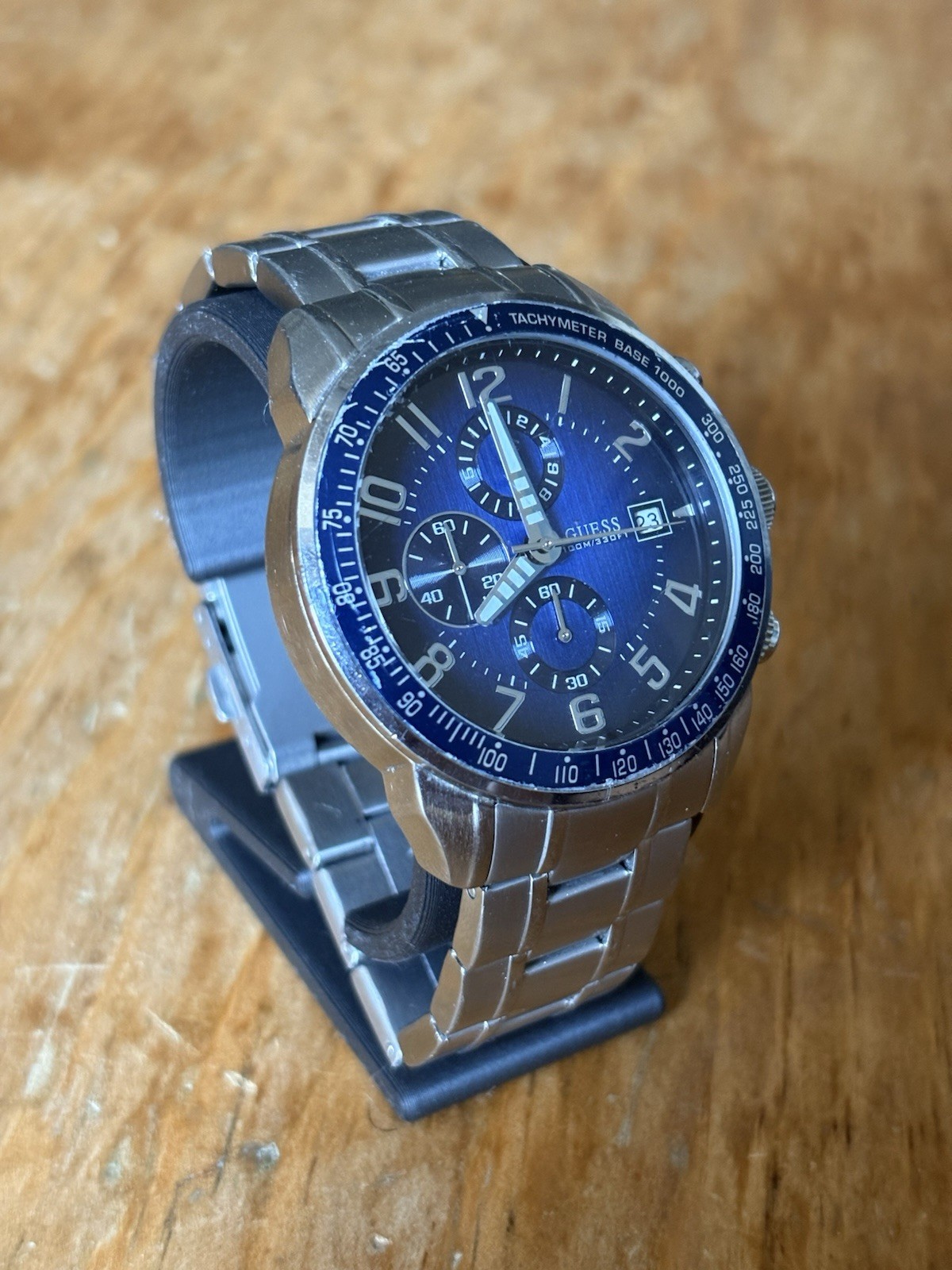 GUESS Mens Blue Dial Quartz Chronograph Tachymeter Date SS Bracelet 100m