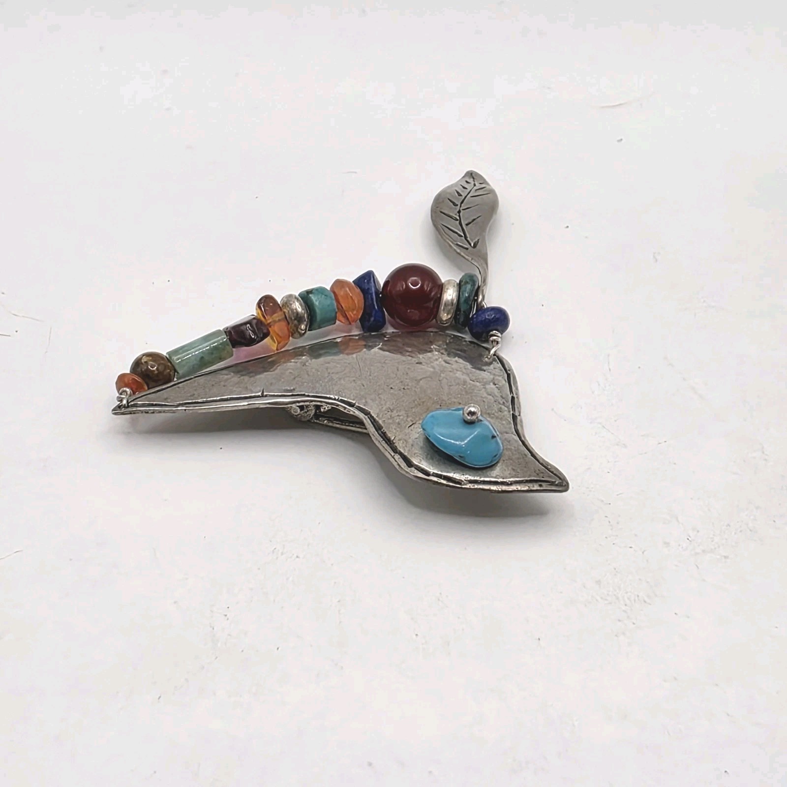 Vintage Signed Sterling Silver Bird Shaped Brooch Turquoise and other Gemstones