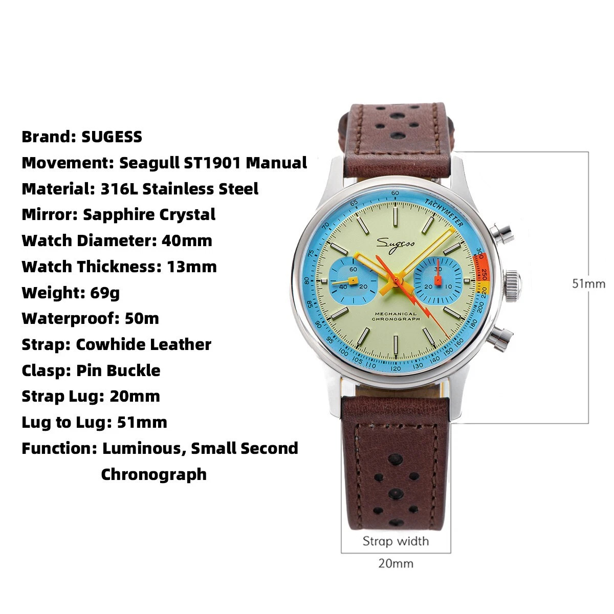 1963 Seagull Sugess Panda 40mm Light Blue V2 Racing Chronograph Sapphire ST1901