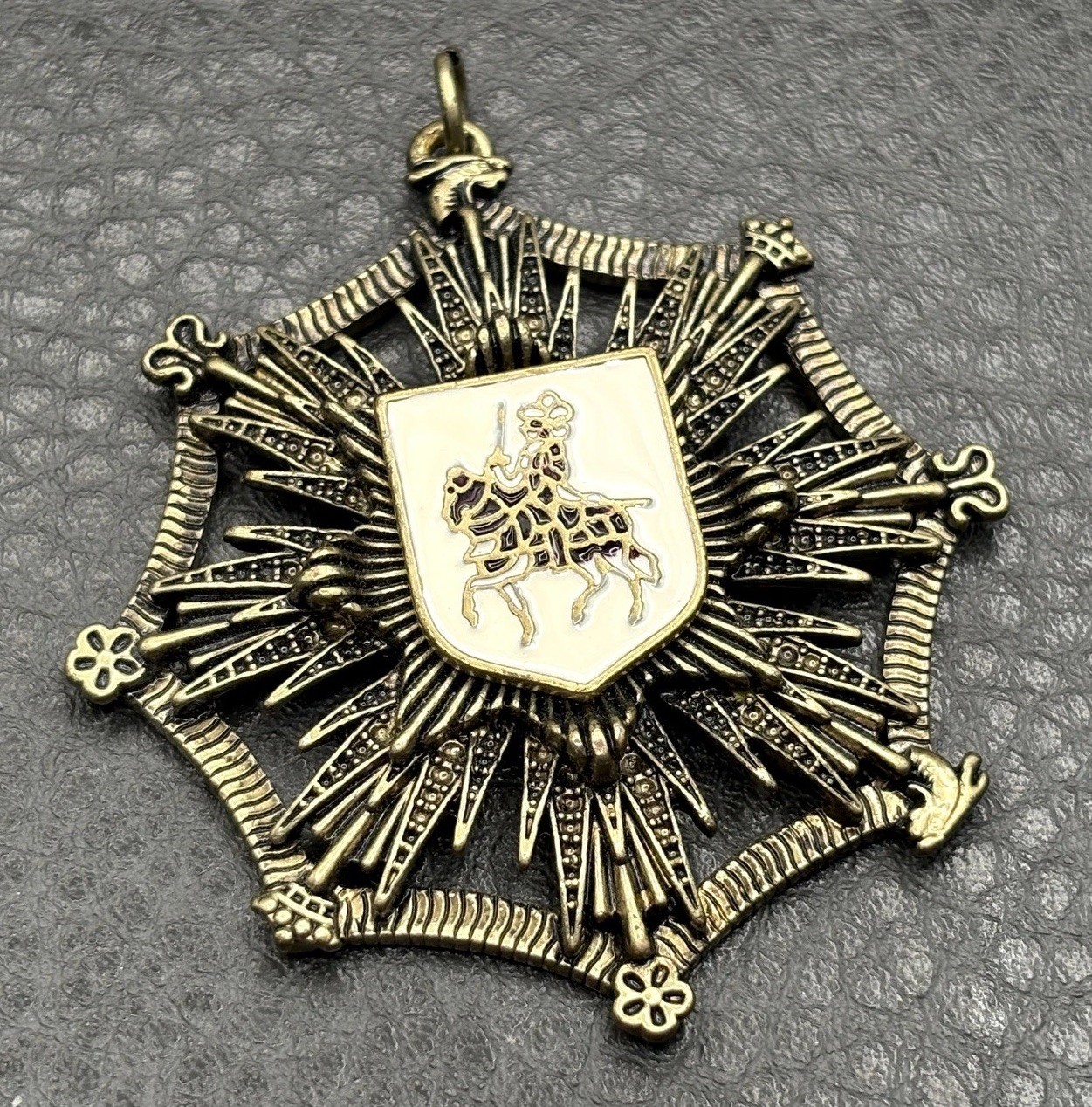 Vintage Large Heraldic Lion Knight Rampant Coat of Arms Pendant Brass Tone