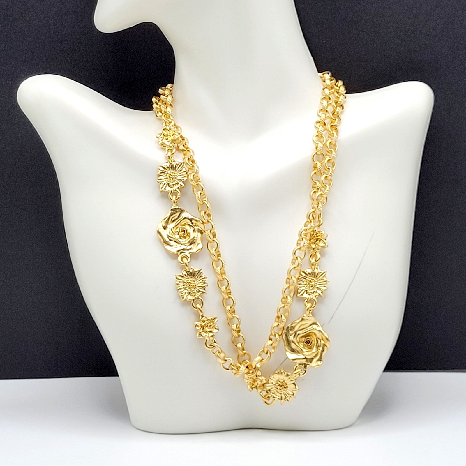 Unique Rose Floral Station Style Bright Gold Tone Sautoir Vintage Necklace Korea