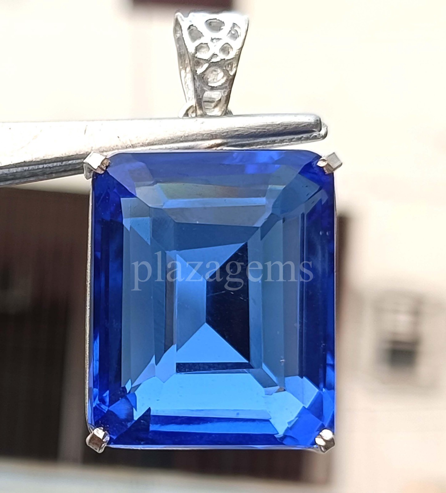 EGL Certified 97.75 Ct Blue Sapphire Emerald Cut Pendant 925 Silver Chain 5NSB
