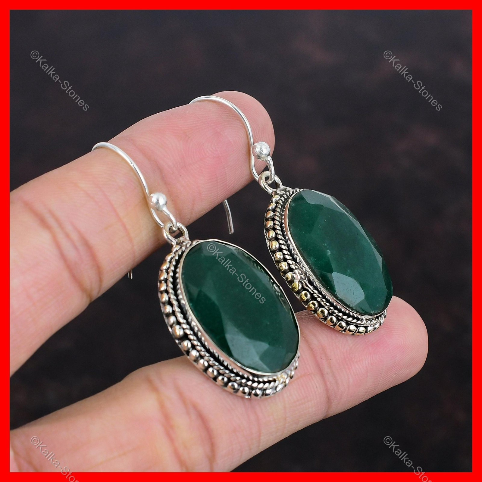 925 Sterling Silver Zambian Emrald Stone Dangling Ethnic Bezel Vintage Earrings