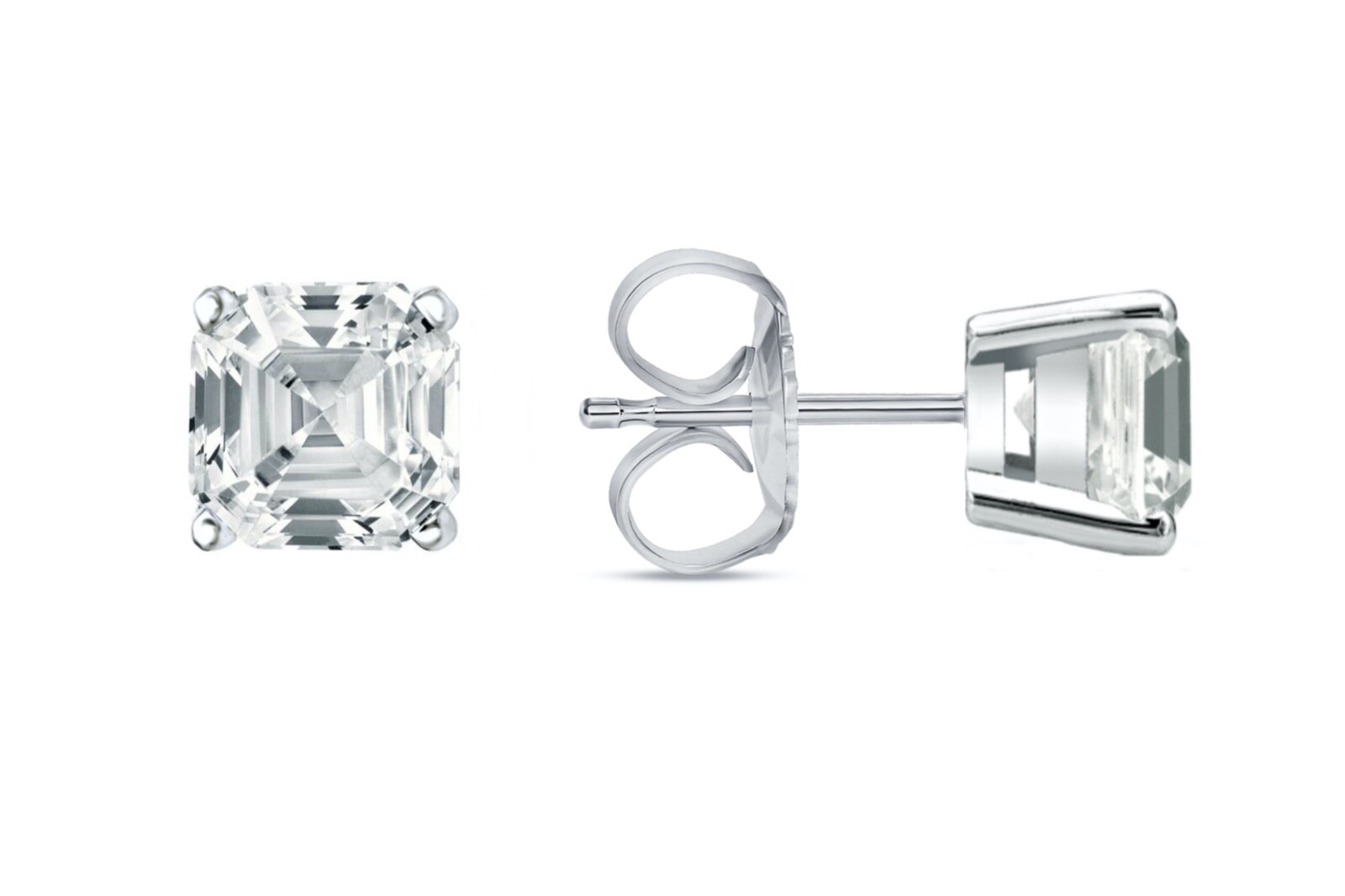 1 Ct Asscher Cut Created Diamond Real 14K White Gold Earrings Studs Push Back