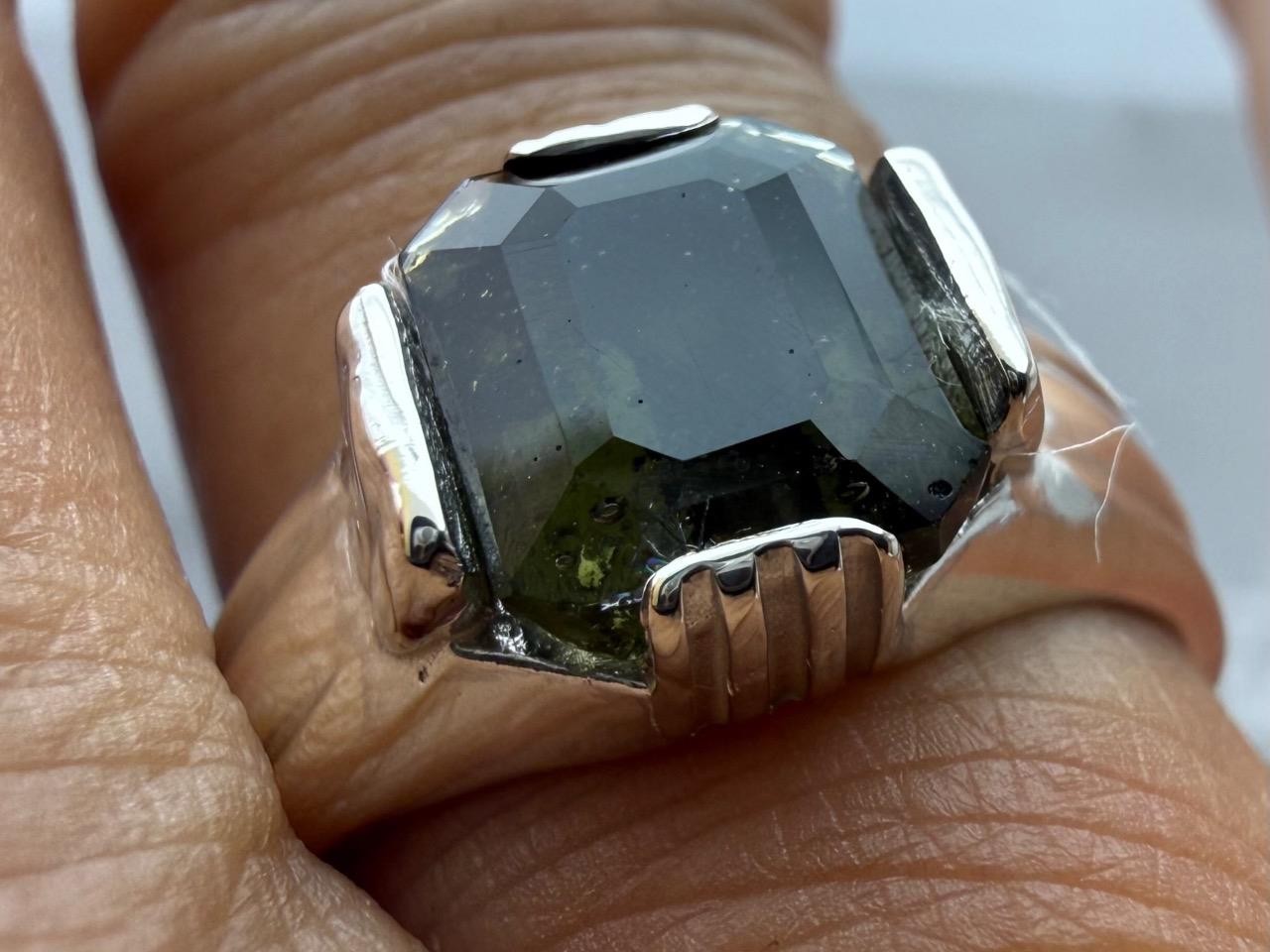 2.4 CT METEORITE MOLDAVITE TEKTITE 925 STERLING SILVER MENS RING SZ 9.5, 6.28 GR