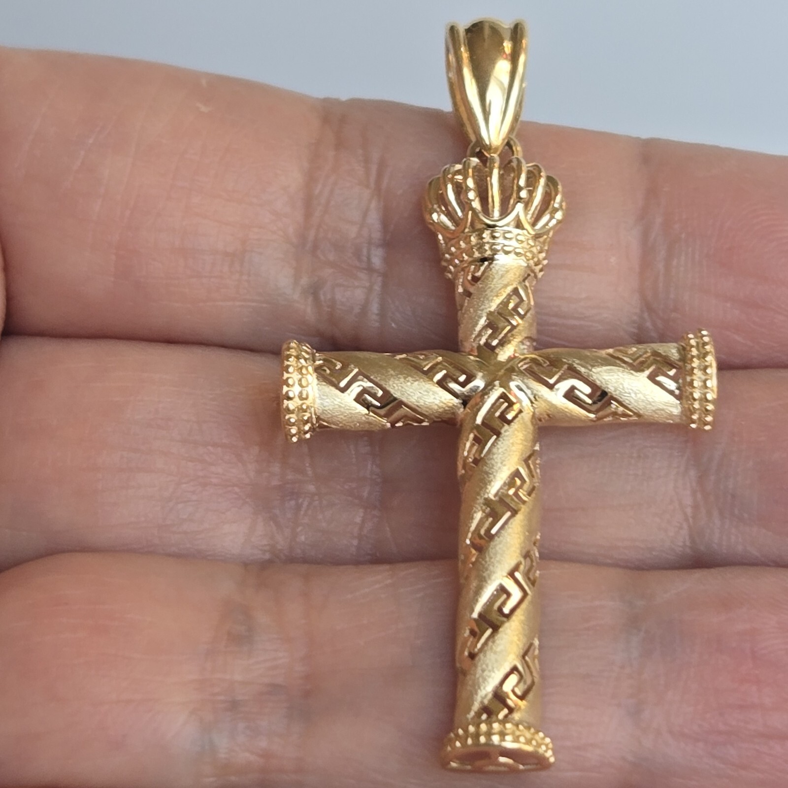 10k Gold Crown Cross Pendant Charm 1.95 inches long Medium Catholic Greek Key