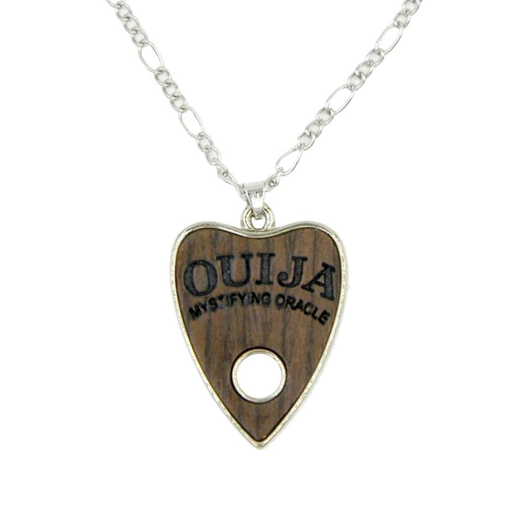 OUIJA BOARD PLANCHETTE NECKLACE Silver Tone Metal Wood Pendant Goth Occult Punk