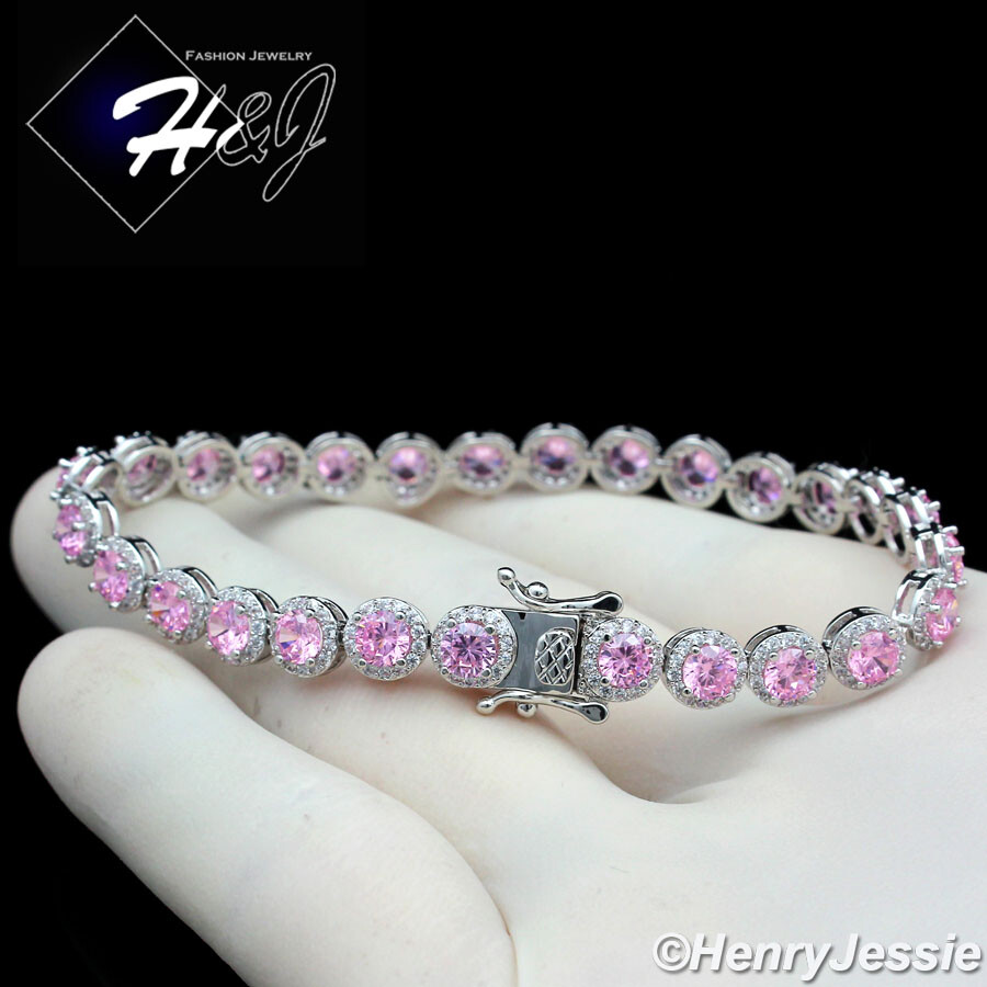 7″WOMEN 14K WHITE GOLD PLATED ICY PINK CZ 5MM 1 ROW LINK CHAIN BRACELET*BSB7