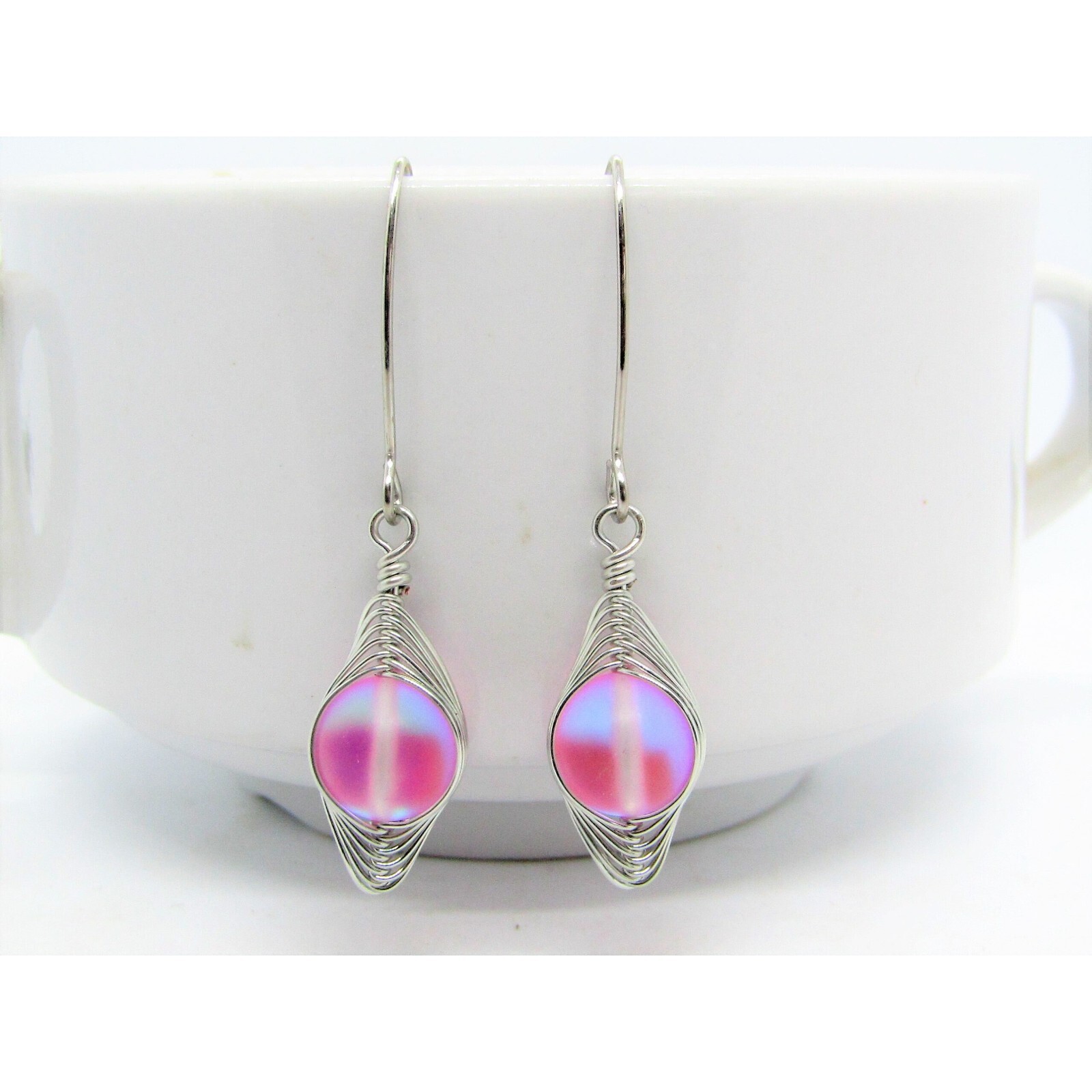 Pink “Mermaid Glass” Sea Glass Artisan Silver Earrings, Handmade Ladies Fashion