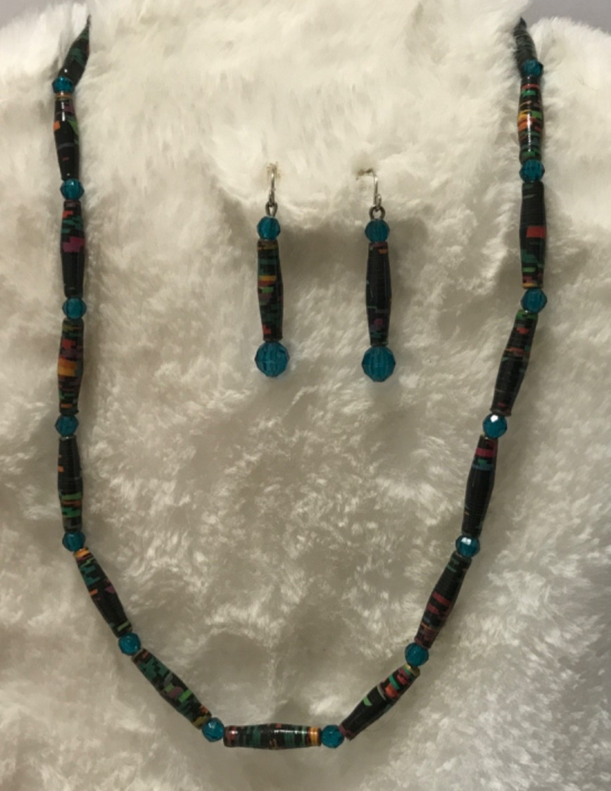 Artisan Unique Rolled Varnished Tube Paper Earrings Necklace Set