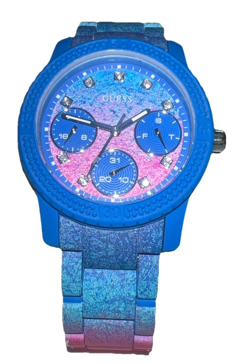 GUESS Women’s Silicone Multicolor Watch PINK/BLUE Multifunction U0944L2 See Pics